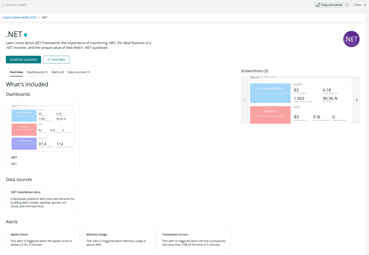 New Relic Instant Observability quickstart details